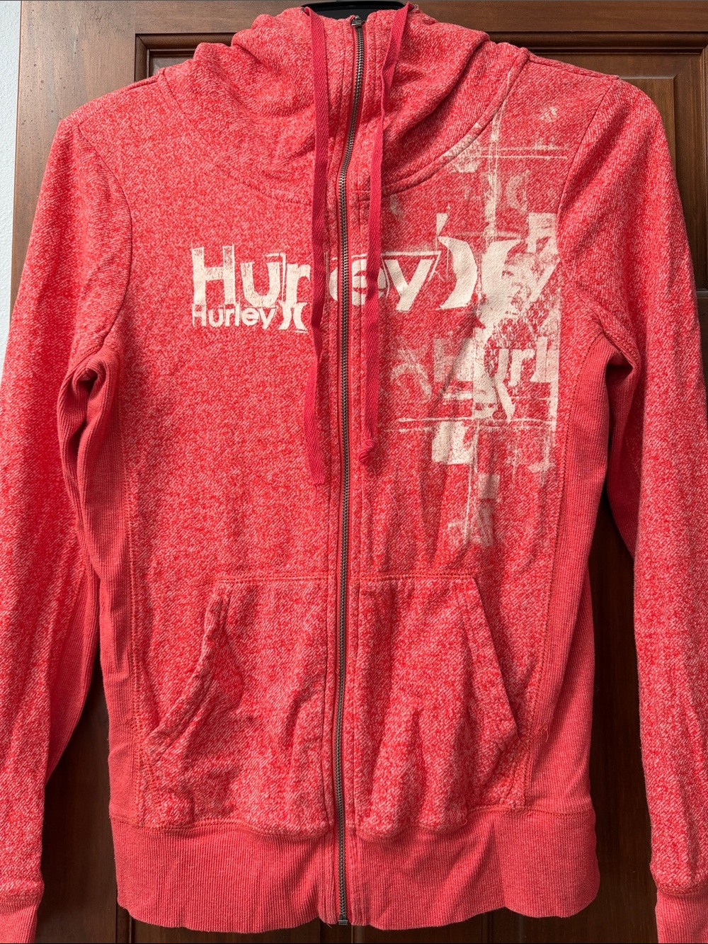 Women’s Size Med- Hurley Coral-Red Full Zip Hoodie with White Graphic